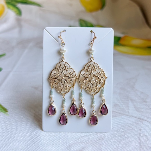 Free People Jewelry - Garnet Wine Red Mint Freshwater Pearl Casual Fun Mint Tassel Chandelier Earrings